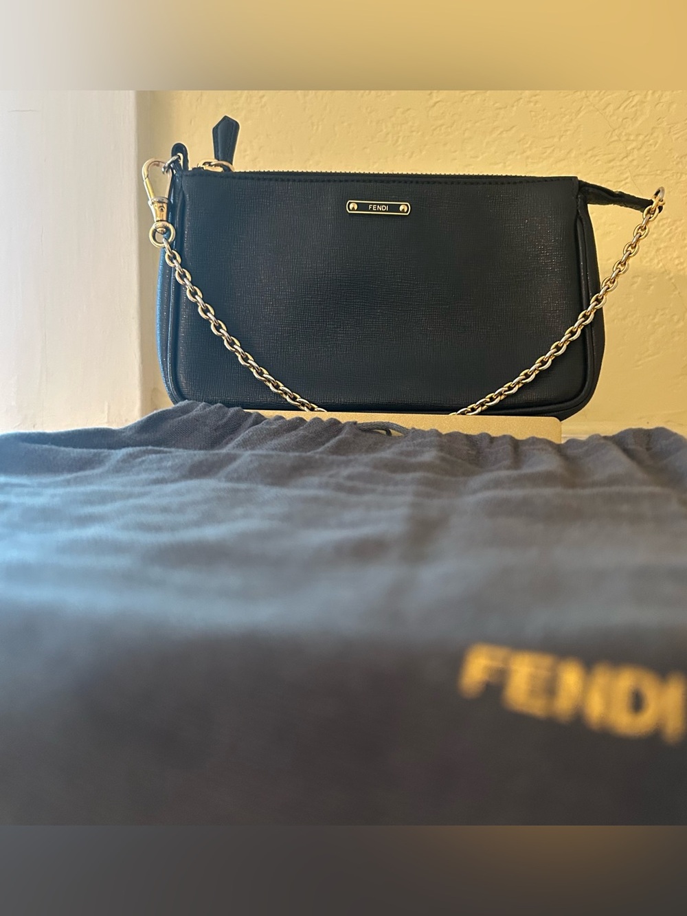 Fendi Black Leather Shoulder Bag with Gold Chain - Picture 15 of 16